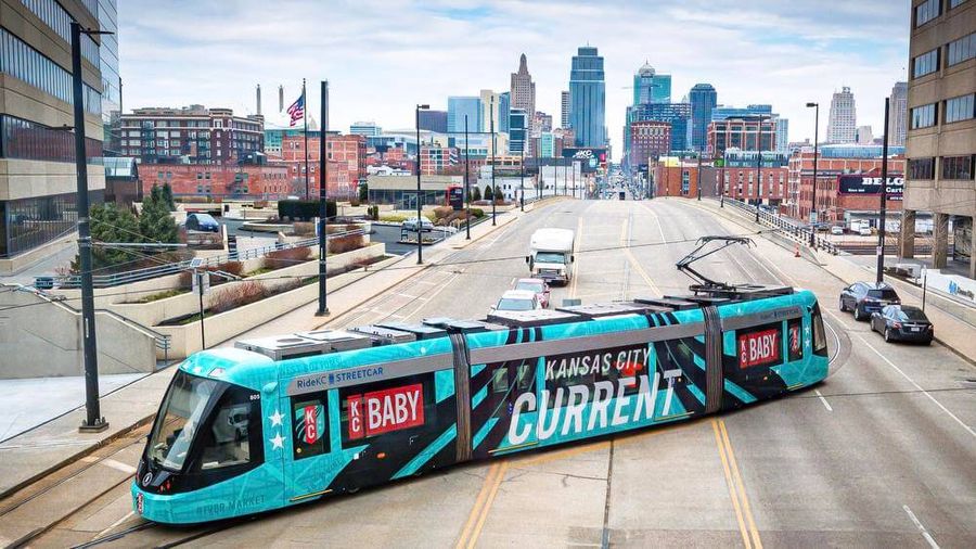 KC Streetcar vehicle on Main Street in downtown Kansas City